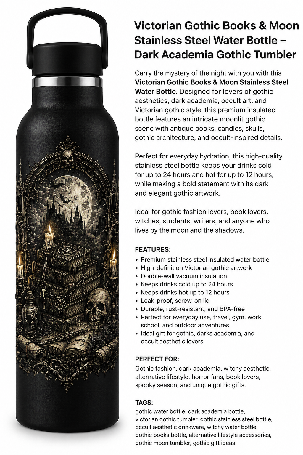 Victorian Gothic Books Stainless Steel Water Bottle – Dark Academia Gothic Drinkware