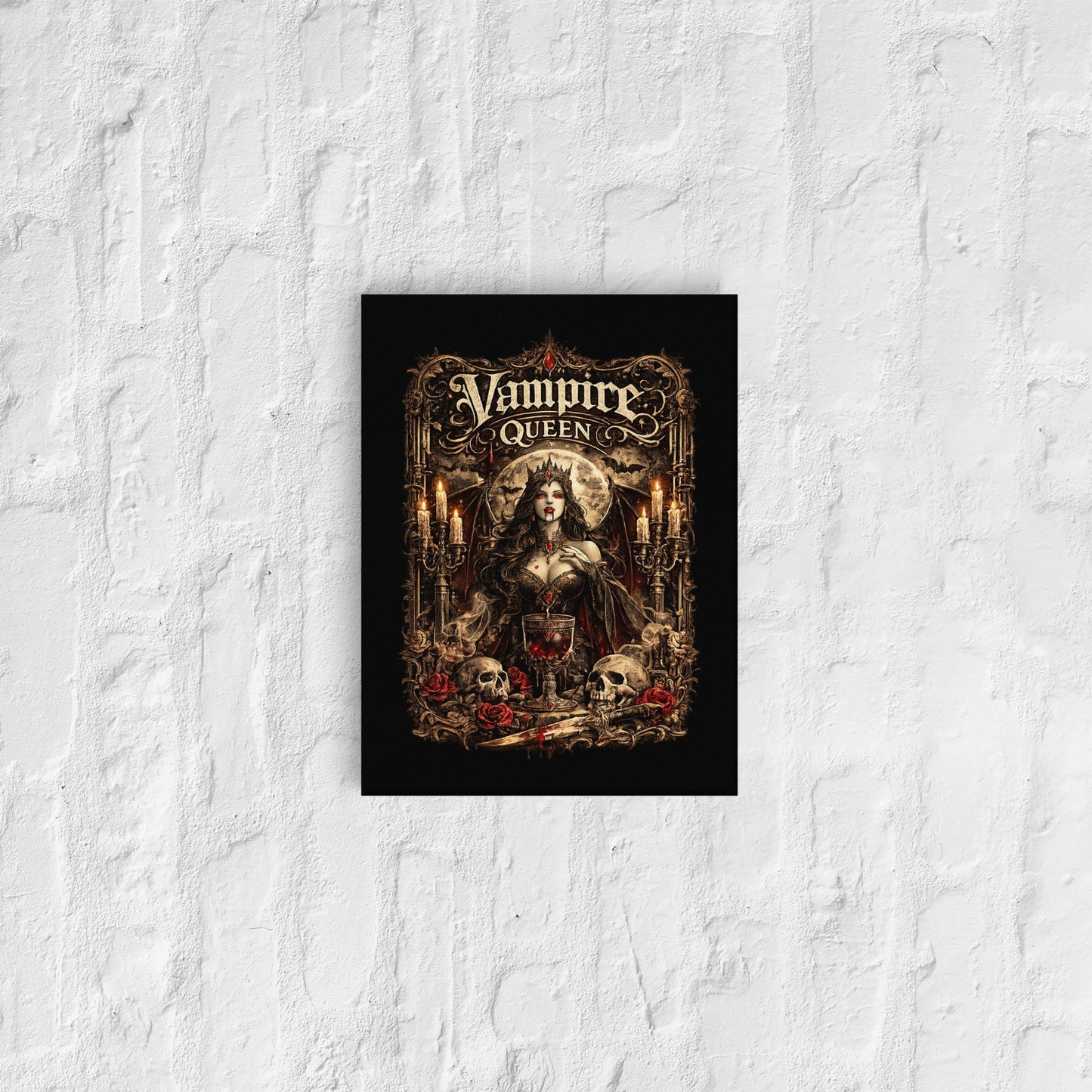 Victorian Gothic Vampire Queen canvas wall art featuring a moonlit vampire queen surrounded by roses, skulls, candlelight, and ornate gothic architecture in a dark fantasy setting.