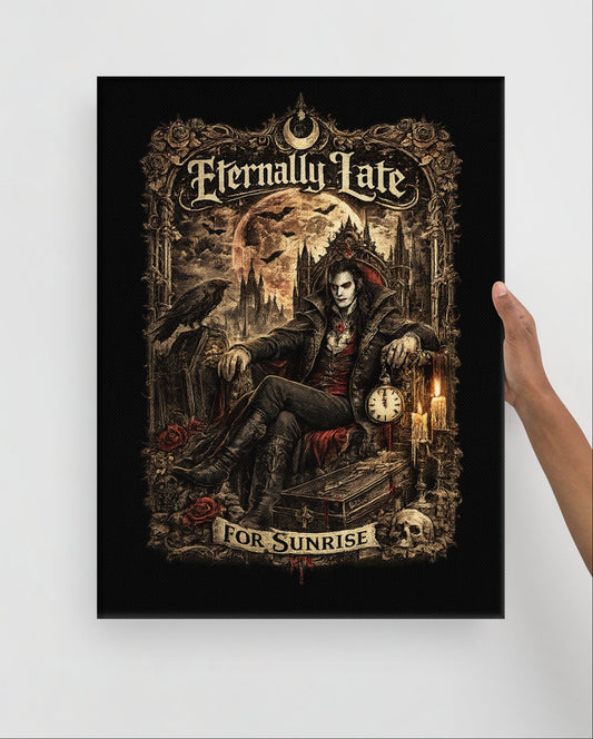 Victorian gothic vampire lord seated on an ornate throne beneath a full moon with ravens, black roses, candles, cathedral spires, and the slogan "Eternally Late For Sunrise" in decorative gothic typography.