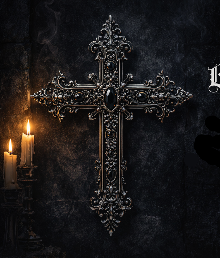 Decorative cross with candles on a dark background, promoting Gothic Victorian decor.