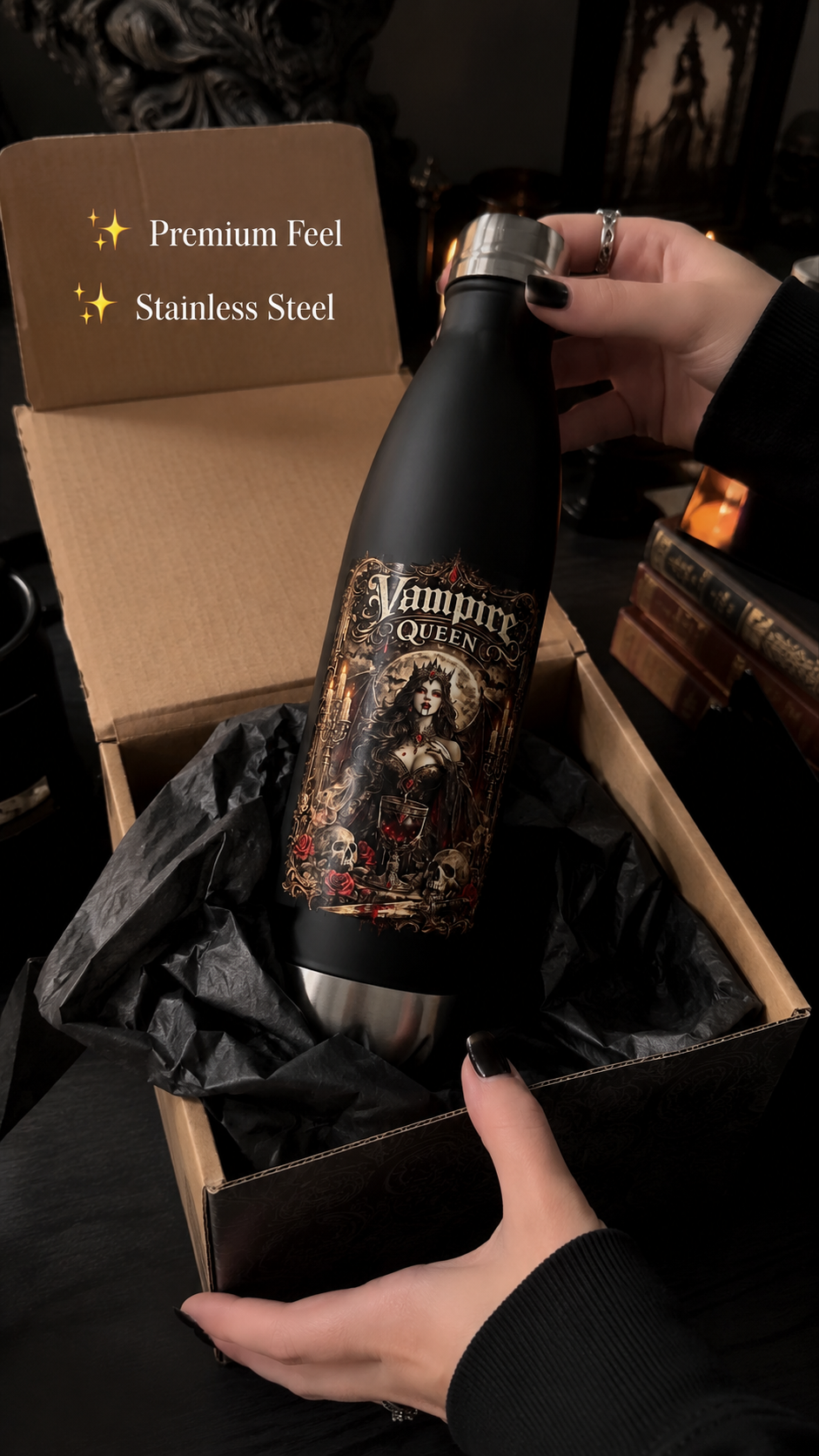 Vampire Queen Gothic Stainless Steel Water Bottle Victorian Vampire Dark Fantasy Tumbler