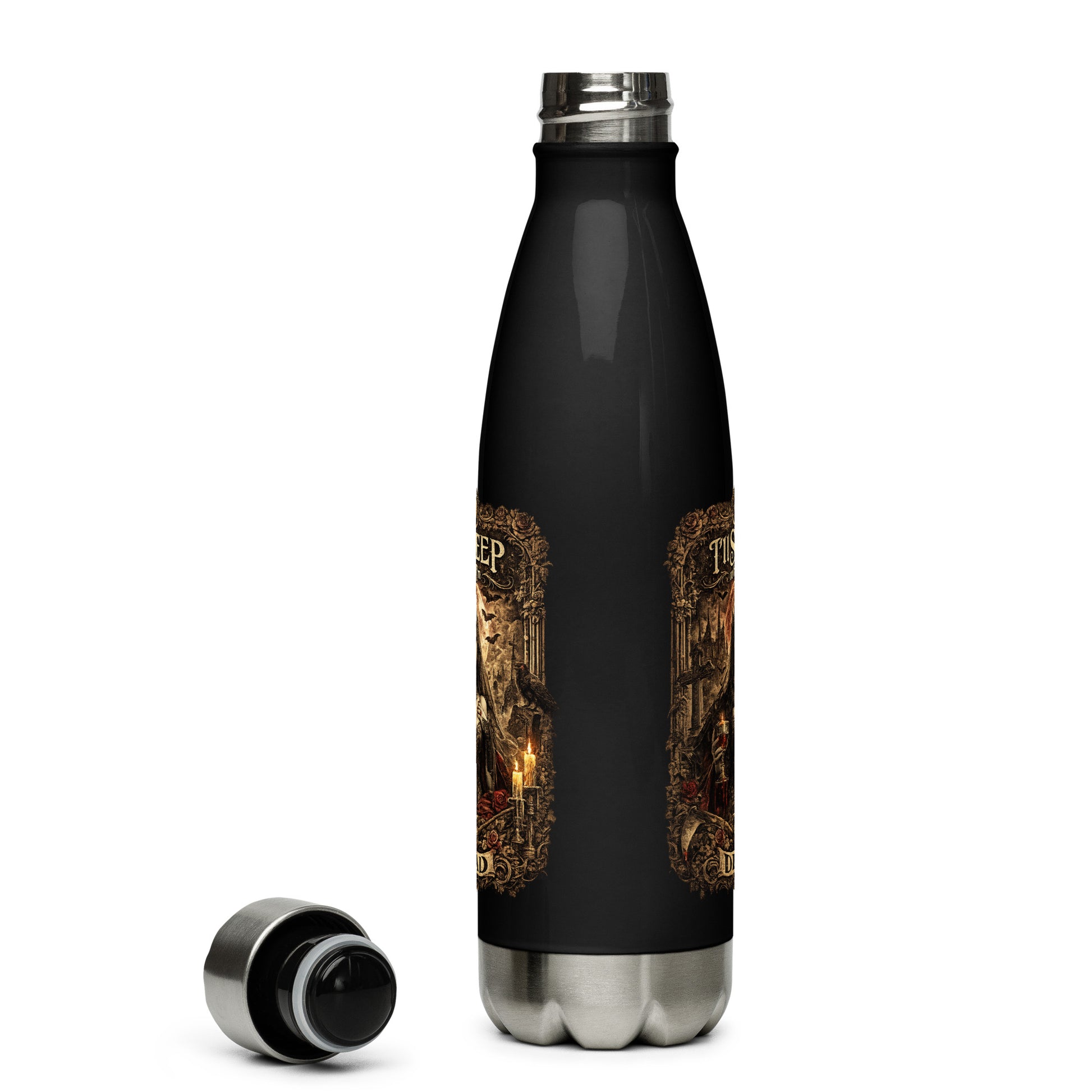 Victorian gothic vampire artwork featuring moonlit architecture, ravens, candles, roses, skulls, and the slogan "I'll Sleep When I'm Dead" displayed on a black stainless steel water bottle.