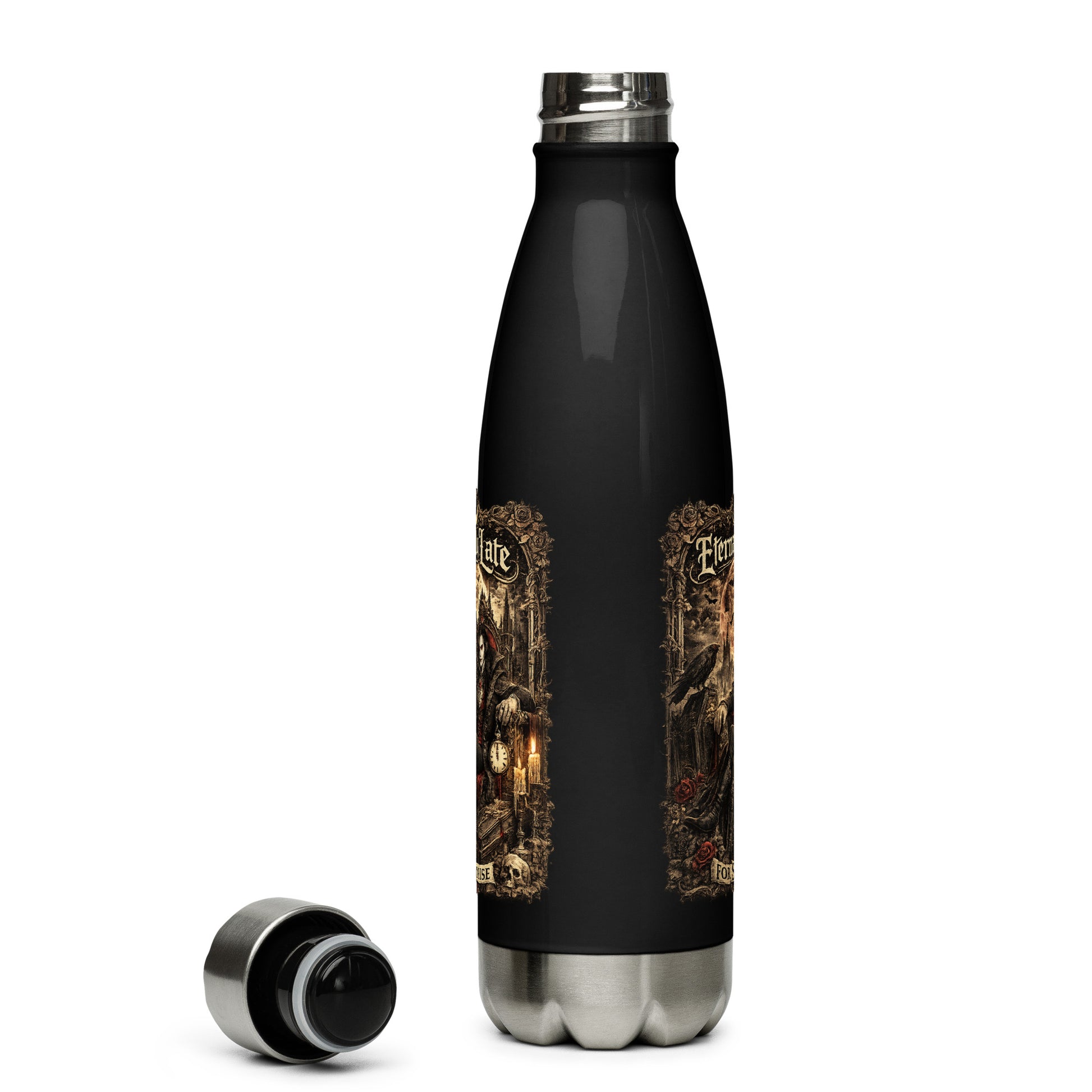 Eternally Late For Sunrise Gothic Stainless Steel Water Bottle featuring Victorian vampire artwork, full moon, ravens, gothic architecture, and dark fantasy aesthetics. Perfect for gothic lifestyle lovers and vampire enthusiasts.