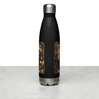 Eternally Late For Sunrise Gothic Stainless Steel Water Bottle featuring Victorian vampire artwork, full moon, ravens, gothic architecture, and dark fantasy aesthetics. Perfect for gothic lifestyle lovers and vampire enthusiasts.