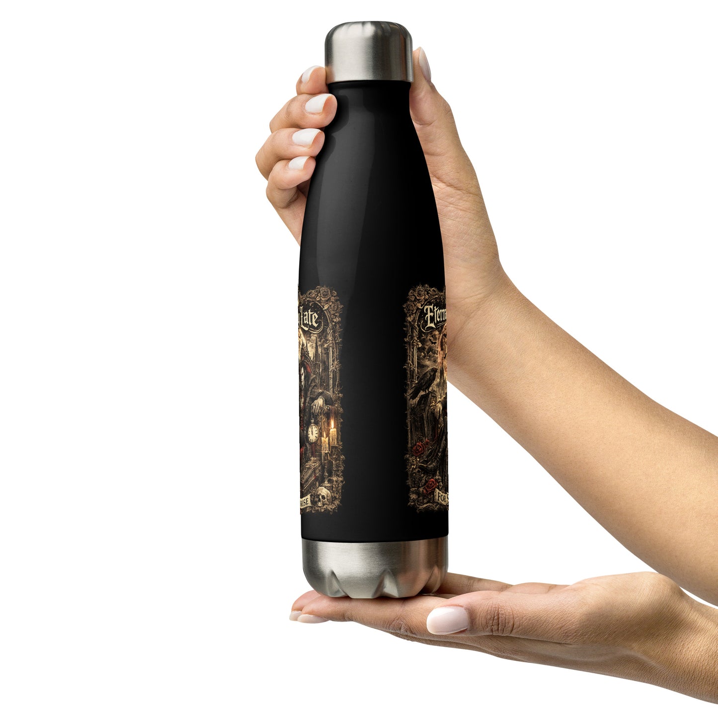 Eternally Late For Sunrise Gothic Stainless Steel Water Bottle featuring Victorian vampire artwork, full moon, ravens, gothic architecture, and dark fantasy aesthetics. Perfect for gothic lifestyle lovers and vampire enthusiasts.
