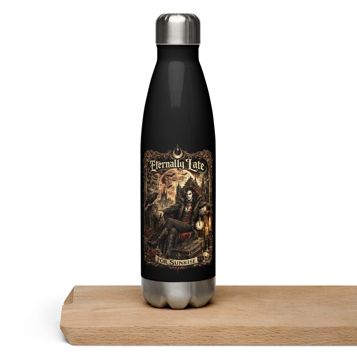 Eternally Late For Sunrise Gothic Stainless Steel Water Bottle featuring Victorian vampire artwork, full moon, ravens, gothic architecture, and dark fantasy aesthetics. Perfect for gothic lifestyle lovers and vampire enthusiasts.