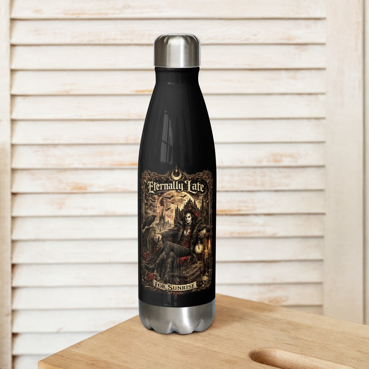 Eternally Late For Sunrise Gothic Stainless Steel Water Bottle featuring Victorian vampire artwork, full moon, ravens, gothic architecture, and dark fantasy aesthetics. Perfect for gothic lifestyle lovers and vampire enthusiasts.