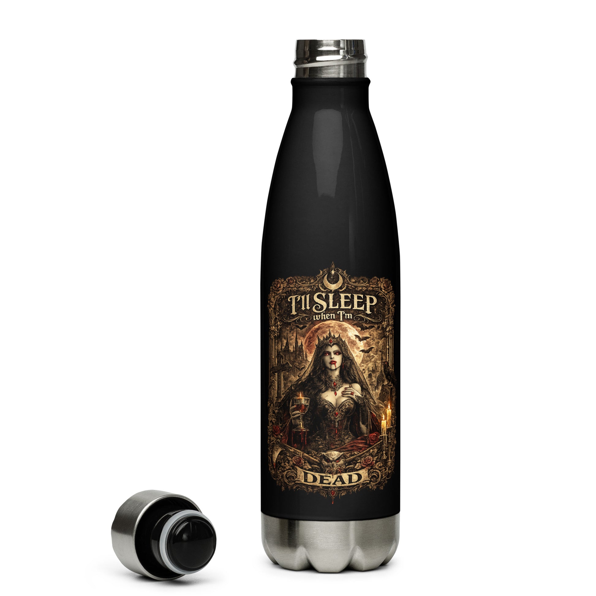 Victorian gothic vampire artwork featuring moonlit architecture, ravens, candles, roses, skulls, and the slogan "I'll Sleep When I'm Dead" displayed on a black stainless steel water bottle.