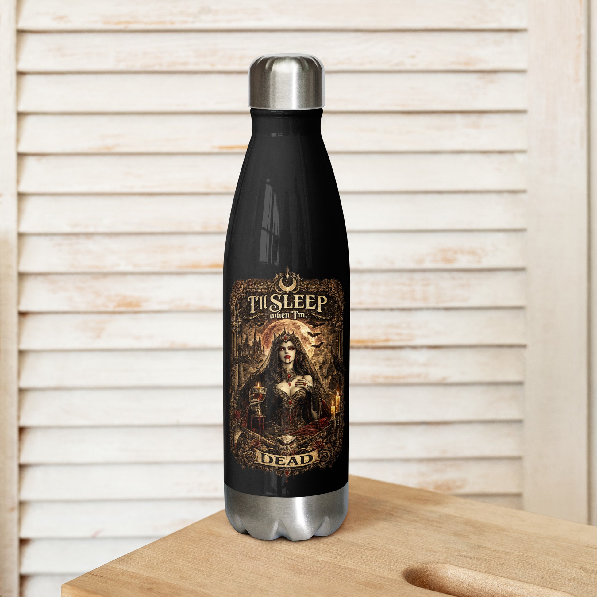 Victorian gothic vampire artwork featuring moonlit architecture, ravens, candles, roses, skulls, and the slogan "I'll Sleep When I'm Dead" displayed on a black stainless steel water bottle.