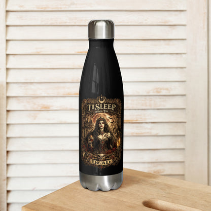 Victorian gothic vampire artwork featuring moonlit architecture, ravens, candles, roses, skulls, and the slogan "I'll Sleep When I'm Dead" displayed on a black stainless steel water bottle.