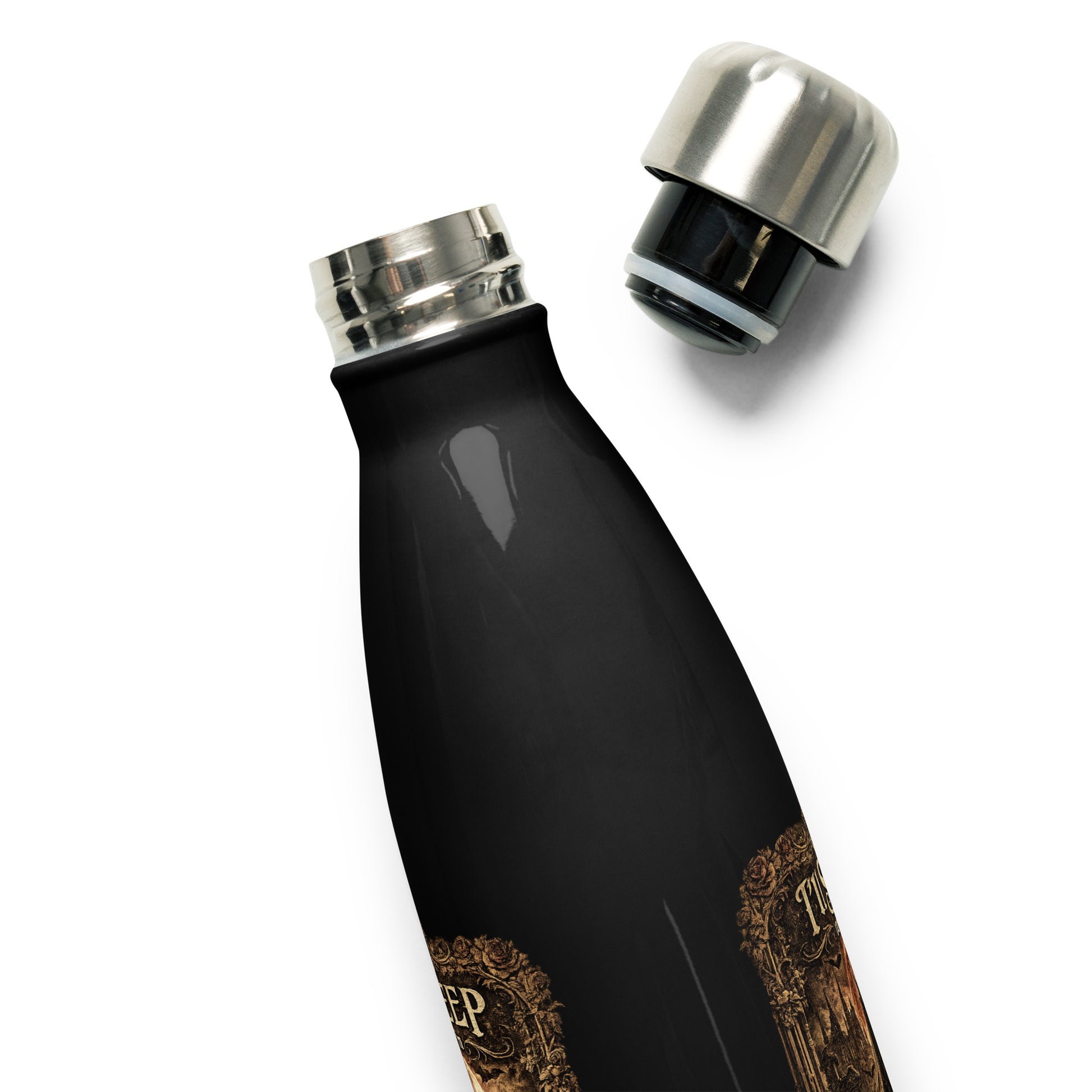Victorian gothic vampire artwork featuring moonlit architecture, ravens, candles, roses, skulls, and the slogan "I'll Sleep When I'm Dead" displayed on a black stainless steel water bottle.