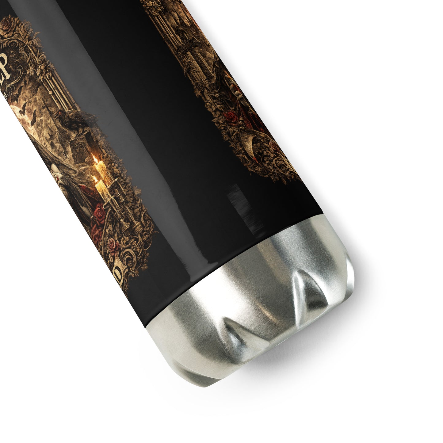 Victorian gothic vampire artwork featuring moonlit architecture, ravens, candles, roses, skulls, and the slogan "I'll Sleep When I'm Dead" displayed on a black stainless steel water bottle.