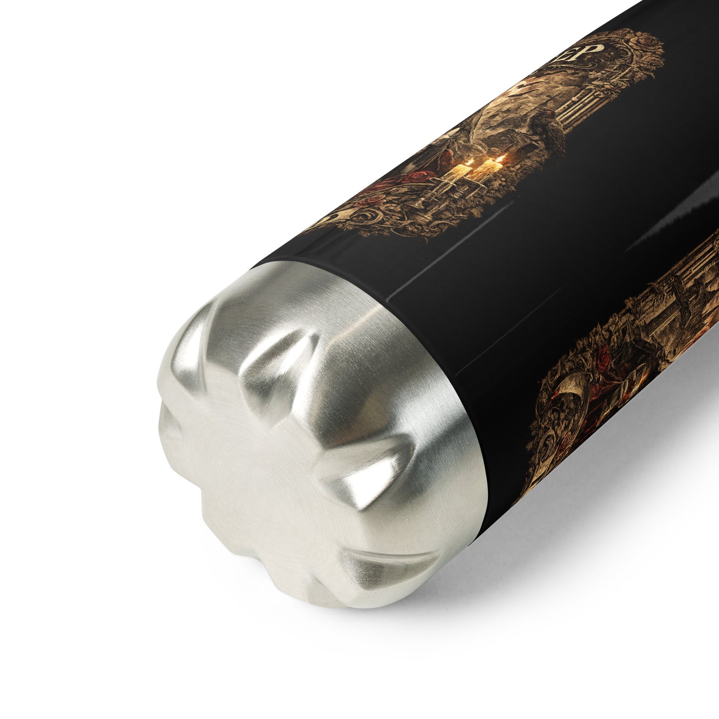 Victorian gothic vampire artwork featuring moonlit architecture, ravens, candles, roses, skulls, and the slogan "I'll Sleep When I'm Dead" displayed on a black stainless steel water bottle.