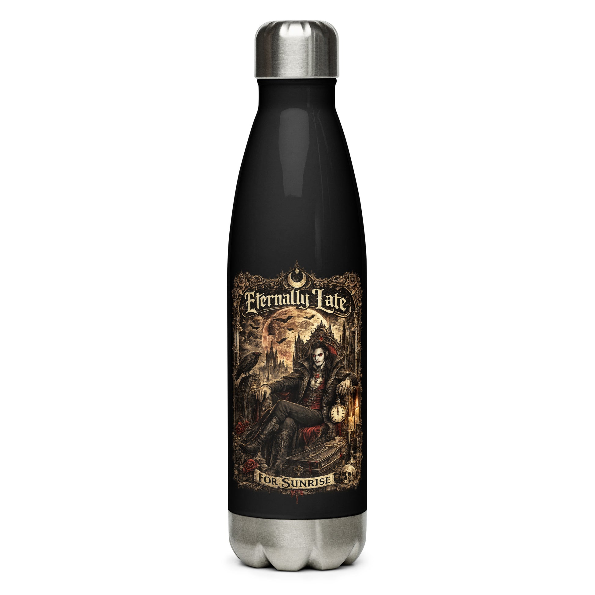 Eternally Late For Sunrise Gothic Stainless Steel Water Bottle featuring Victorian vampire artwork, full moon, ravens, gothic architecture, and dark fantasy aesthetics. Perfect for gothic lifestyle lovers and vampire enthusiasts.