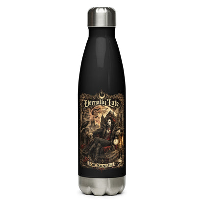 Eternally Late For Sunrise Gothic Stainless Steel Water Bottle featuring Victorian vampire artwork, full moon, ravens, gothic architecture, and dark fantasy aesthetics. Perfect for gothic lifestyle lovers and vampire enthusiasts.