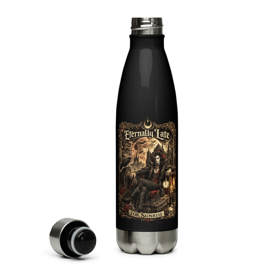 Eternally Late For Sunrise Gothic Stainless Steel Water Bottle featuring Victorian vampire artwork, full moon, ravens, gothic architecture, and dark fantasy aesthetics. Perfect for gothic lifestyle lovers and vampire enthusiasts.