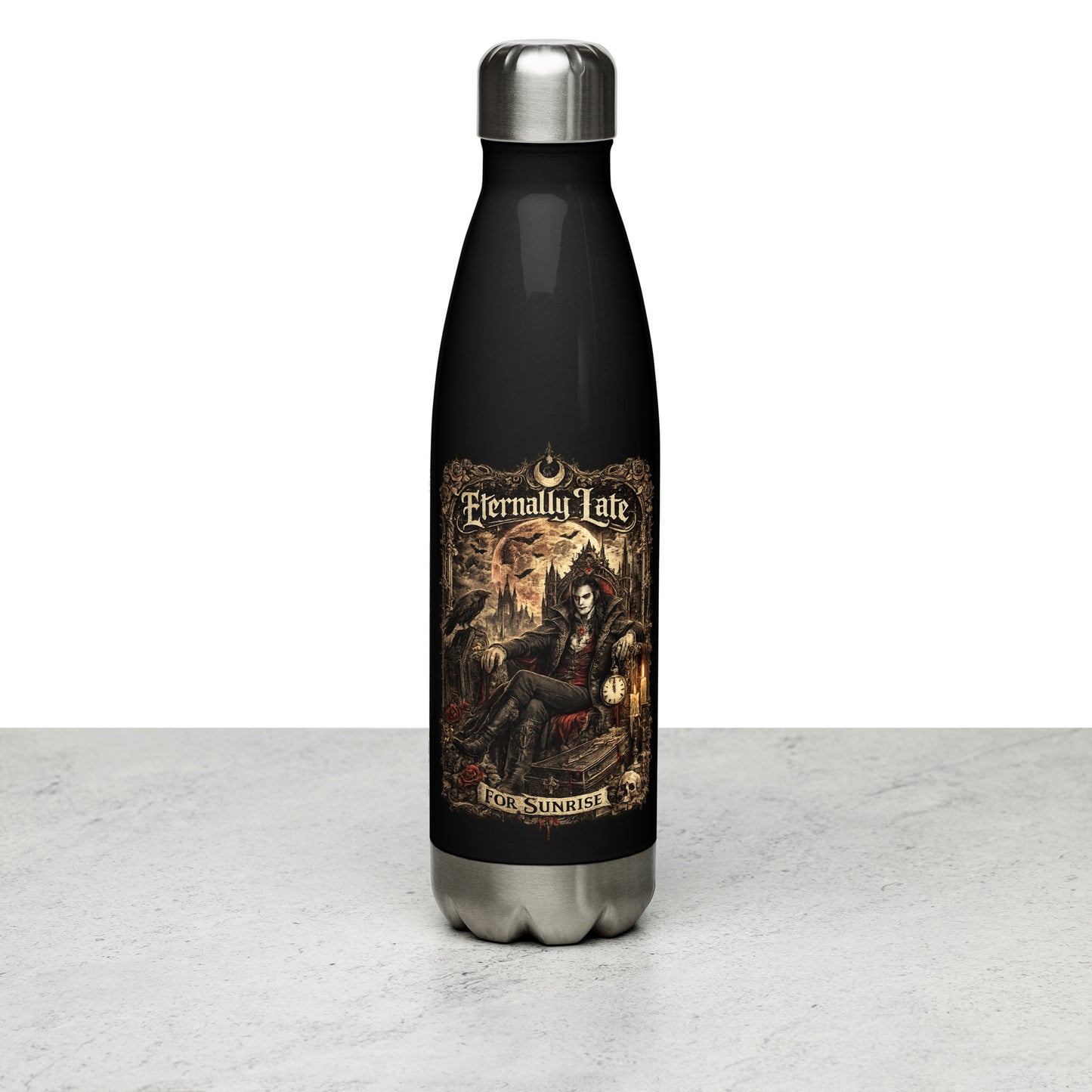 Eternally Late For Sunrise Gothic Stainless Steel Water Bottle featuring Victorian vampire artwork, full moon, ravens, gothic architecture, and dark fantasy aesthetics. Perfect for gothic lifestyle lovers and vampire enthusiasts.