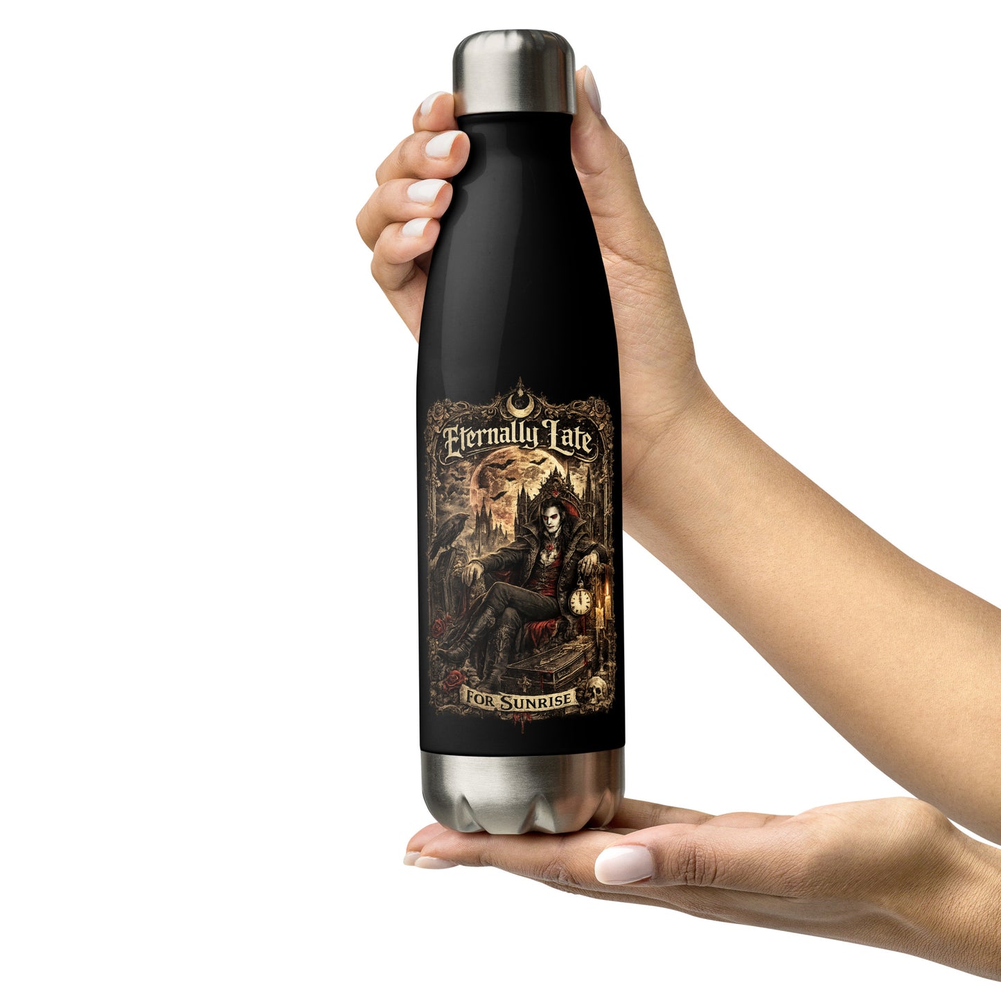 Eternally Late For Sunrise Gothic Stainless Steel Water Bottle featuring Victorian vampire artwork, full moon, ravens, gothic architecture, and dark fantasy aesthetics. Perfect for gothic lifestyle lovers and vampire enthusiasts.