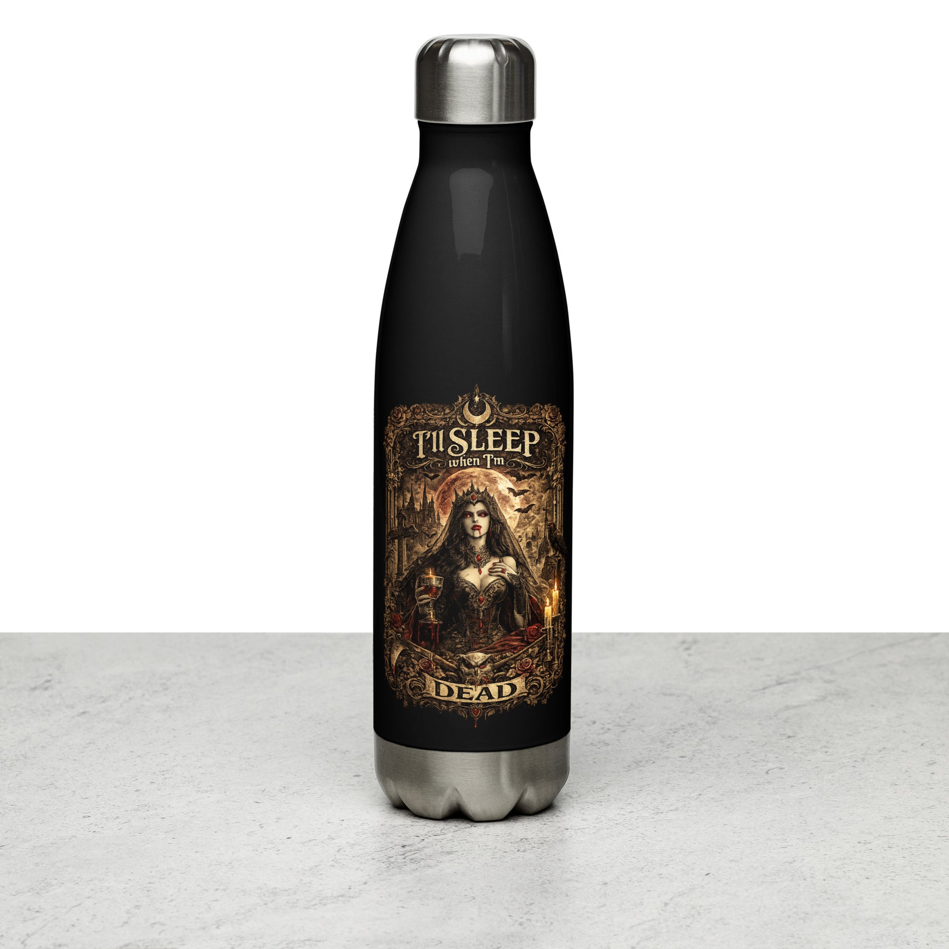 Victorian gothic vampire artwork featuring moonlit architecture, ravens, candles, roses, skulls, and the slogan "I'll Sleep When I'm Dead" displayed on a black stainless steel water bottle.
