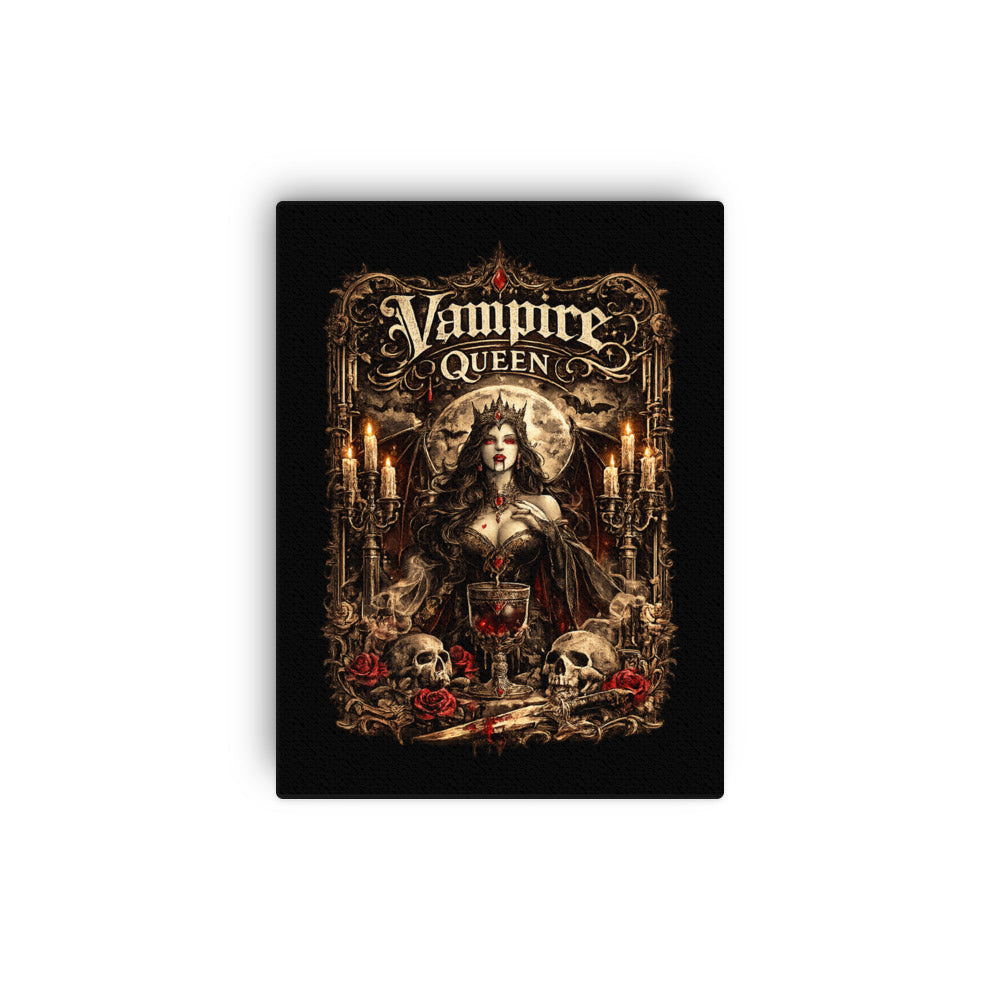 Victorian Gothic Vampire Queen canvas wall art featuring a moonlit vampire queen surrounded by roses, skulls, candlelight, and ornate gothic architecture in a dark fantasy setting.
