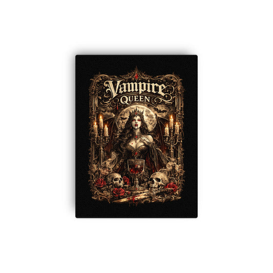 Victorian Gothic Vampire Queen canvas wall art featuring a moonlit vampire queen surrounded by roses, skulls, candlelight, and ornate gothic architecture in a dark fantasy setting.