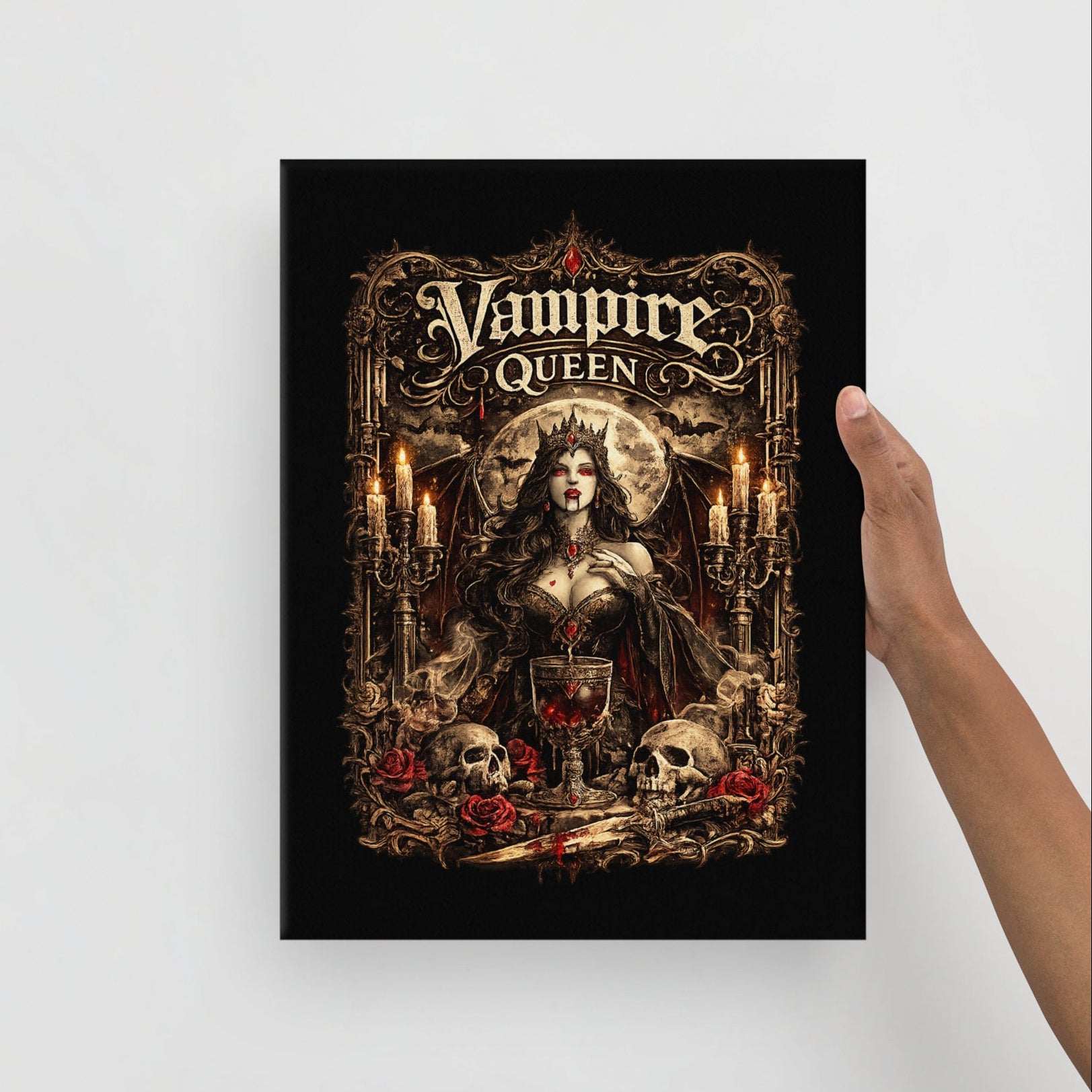 Victorian Gothic Vampire Queen canvas wall art featuring a moonlit vampire queen surrounded by roses, skulls, candlelight, and ornate gothic architecture in a dark fantasy setting.