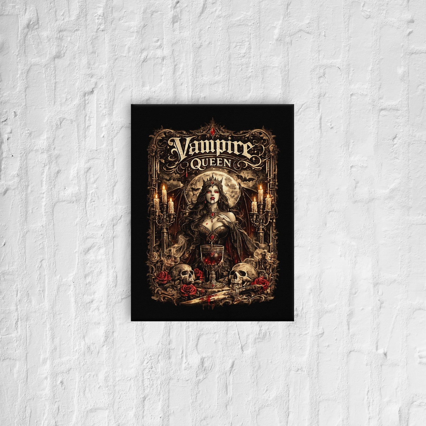 Victorian Gothic Vampire Queen canvas wall art featuring a moonlit vampire queen surrounded by roses, skulls, candlelight, and ornate gothic architecture in a dark fantasy setting.