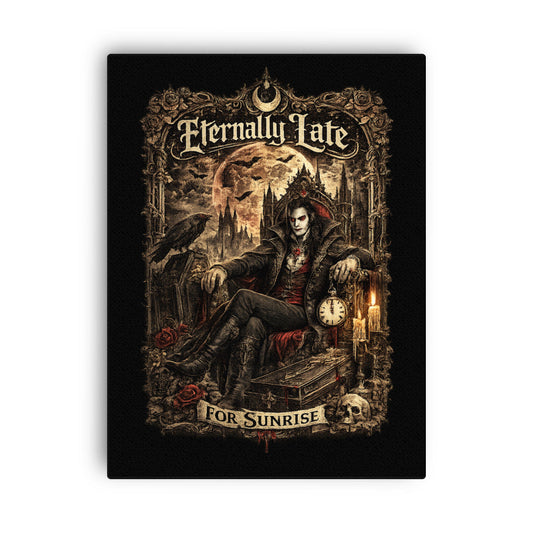 Victorian gothic vampire lord seated on an ornate throne beneath a full moon with ravens, black roses, candles, cathedral spires, and the slogan "Eternally Late For Sunrise" in decorative gothic typography.
