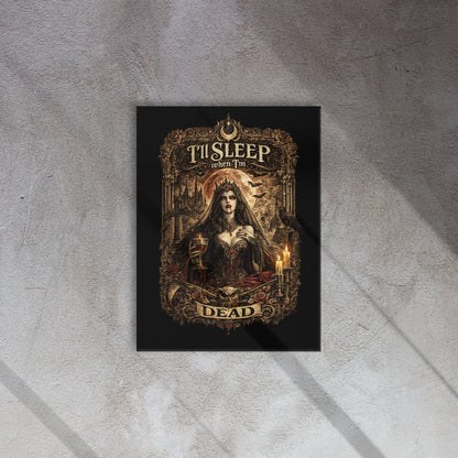 Victorian gothic canvas wall art featuring moonlit vampire-inspired imagery, ravens, candles, roses, skulls, gothic architecture, and the slogan "I'll Sleep When I'm Dead" in ornate gothic typography.