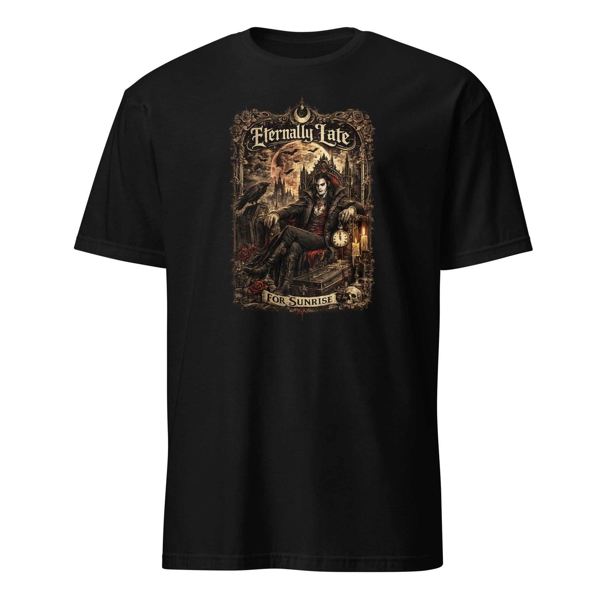 Eternally Late For Sunrise Gothic T-Shirt featuring Victorian vampire artwork, gothic architecture, ravens, roses, candles, and dark fantasy aesthetics. Perfect for gothic fashion and vampire lovers.