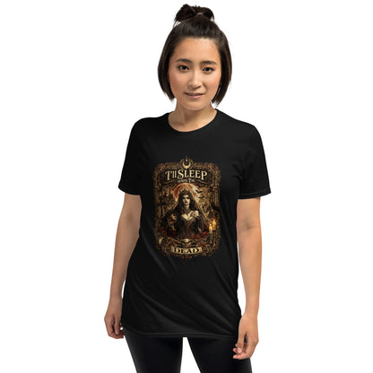 Victorian gothic artwork featuring vampire-inspired imagery, moonlit scenery, gothic architecture, candles, ravens, and the slogan "I'll Sleep When I'm Dead" in ornate gothic typography.