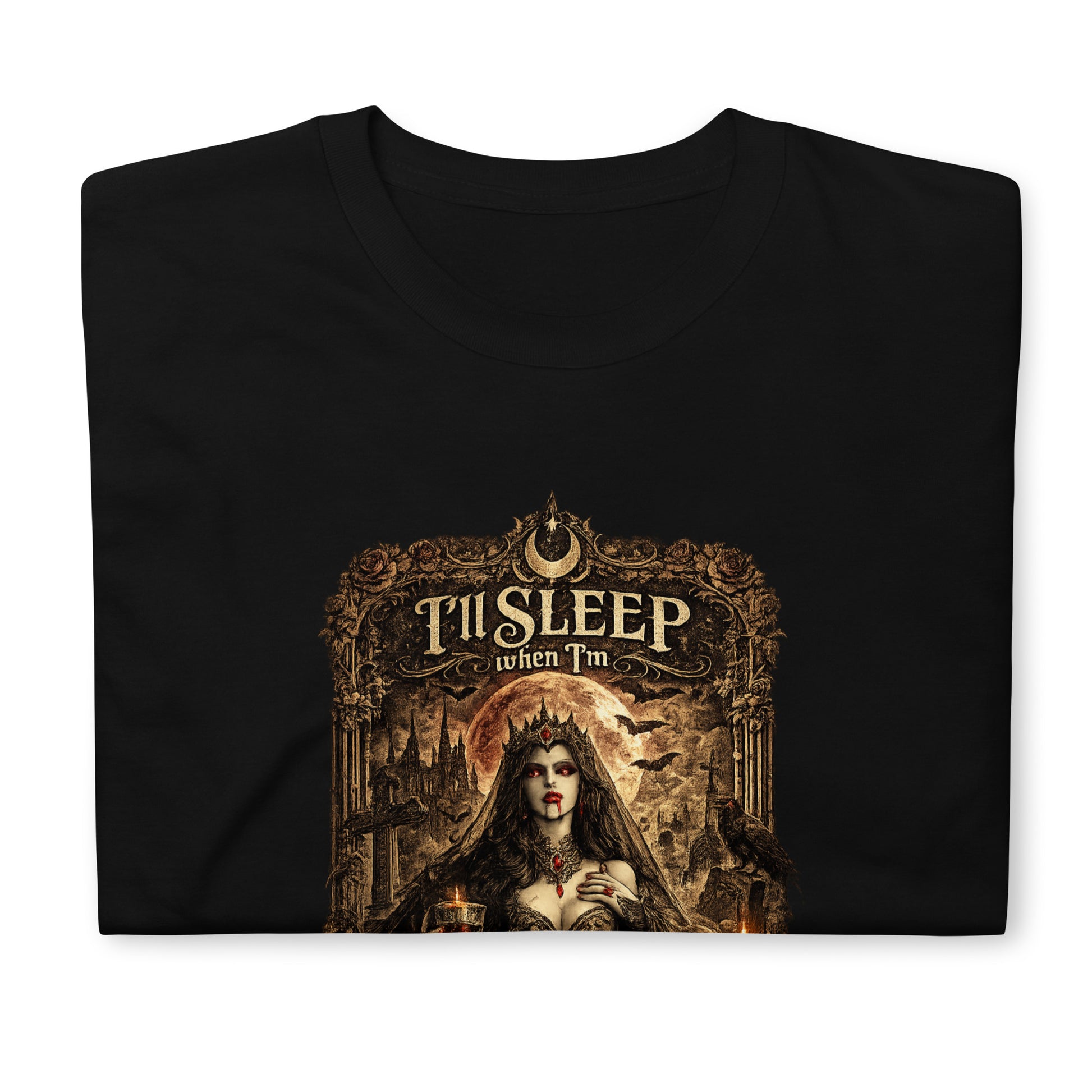 Victorian gothic artwork featuring vampire-inspired imagery, moonlit scenery, gothic architecture, candles, ravens, and the slogan "I'll Sleep When I'm Dead" in ornate gothic typography.