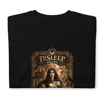 Victorian gothic artwork featuring vampire-inspired imagery, moonlit scenery, gothic architecture, candles, ravens, and the slogan "I'll Sleep When I'm Dead" in ornate gothic typography.
