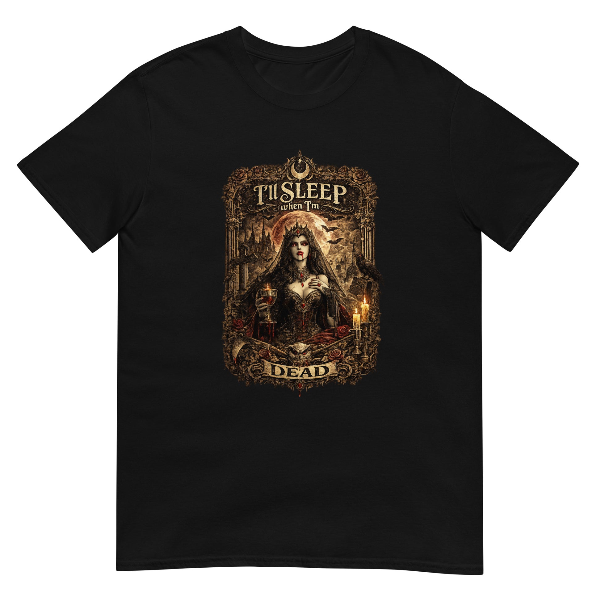 Victorian gothic artwork featuring vampire-inspired imagery, moonlit scenery, gothic architecture, candles, ravens, and the slogan "I'll Sleep When I'm Dead" in ornate gothic typography.