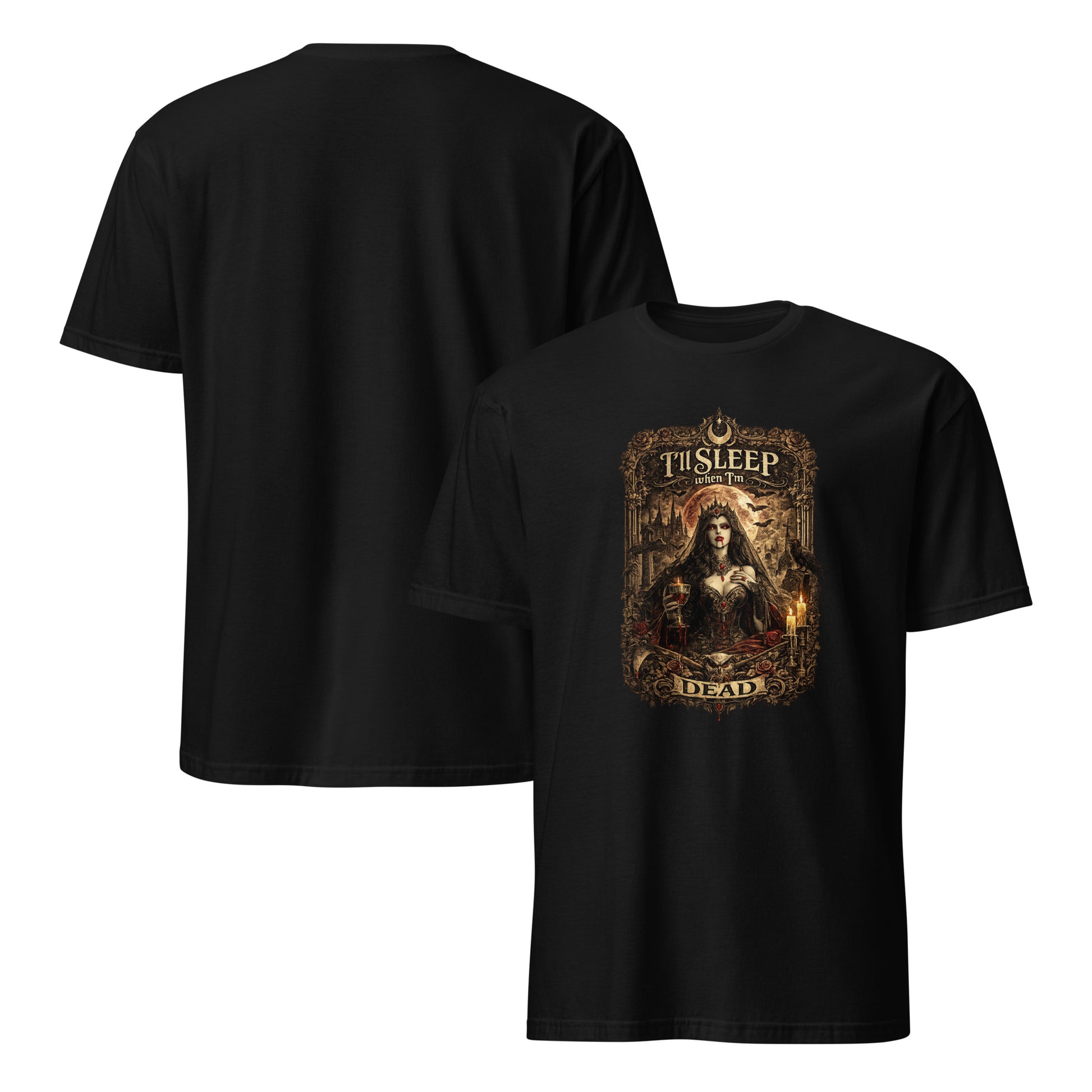 Victorian gothic artwork featuring vampire-inspired imagery, moonlit scenery, gothic architecture, candles, ravens, and the slogan "I'll Sleep When I'm Dead" in ornate gothic typography.