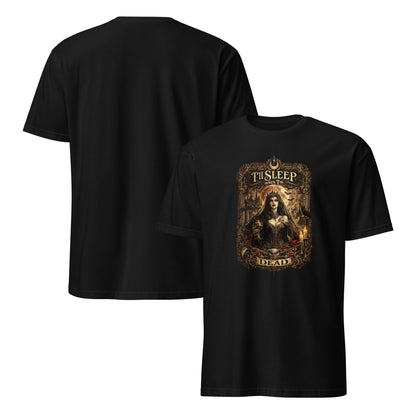 Victorian gothic artwork featuring vampire-inspired imagery, moonlit scenery, gothic architecture, candles, ravens, and the slogan "I'll Sleep When I'm Dead" in ornate gothic typography.