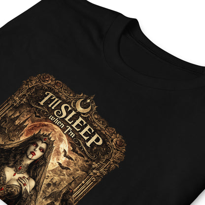 Victorian gothic artwork featuring vampire-inspired imagery, moonlit scenery, gothic architecture, candles, ravens, and the slogan "I'll Sleep When I'm Dead" in ornate gothic typography.