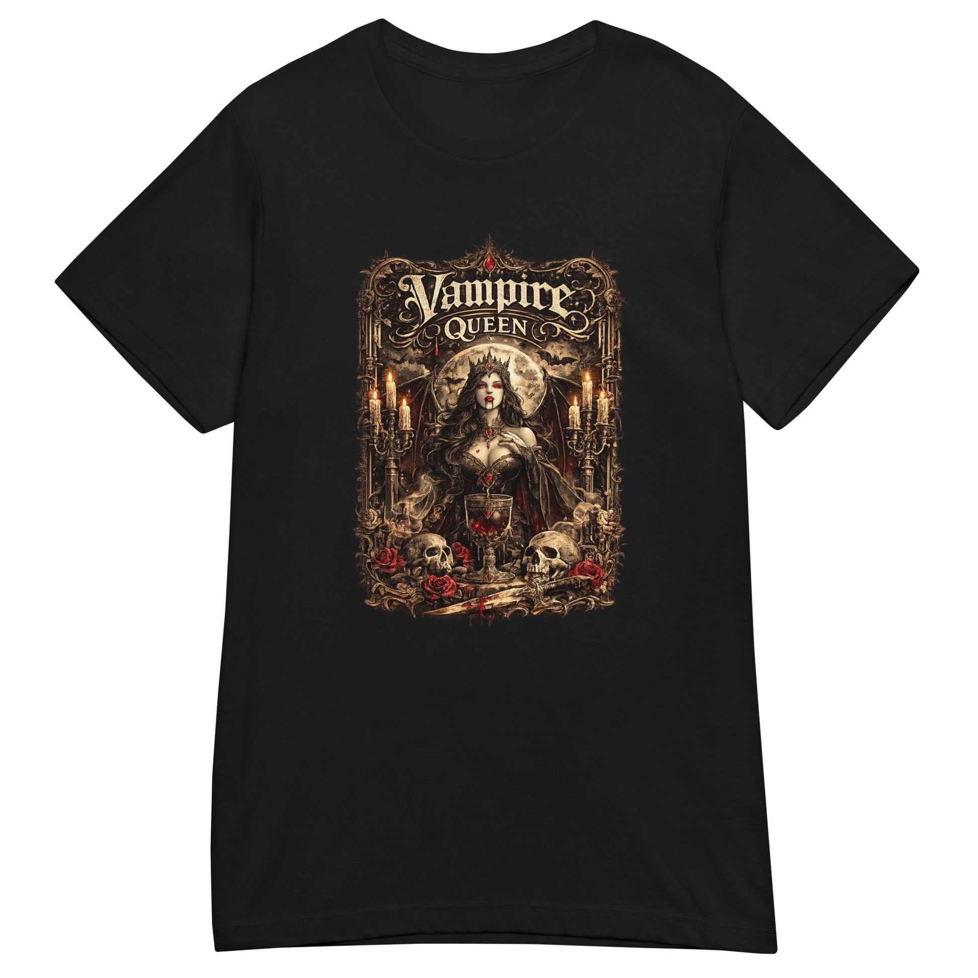 Victorian Gothic Vampire Queen artwork featuring a moonlit vampire, candles, roses, skulls, and ornate gothic architecture in a dark fantasy aesthetic.
