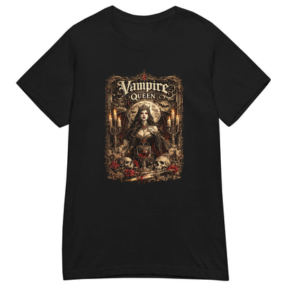 Victorian Gothic Vampire Queen artwork featuring a moonlit vampire, candles, roses, skulls, and ornate gothic architecture in a dark fantasy aesthetic.